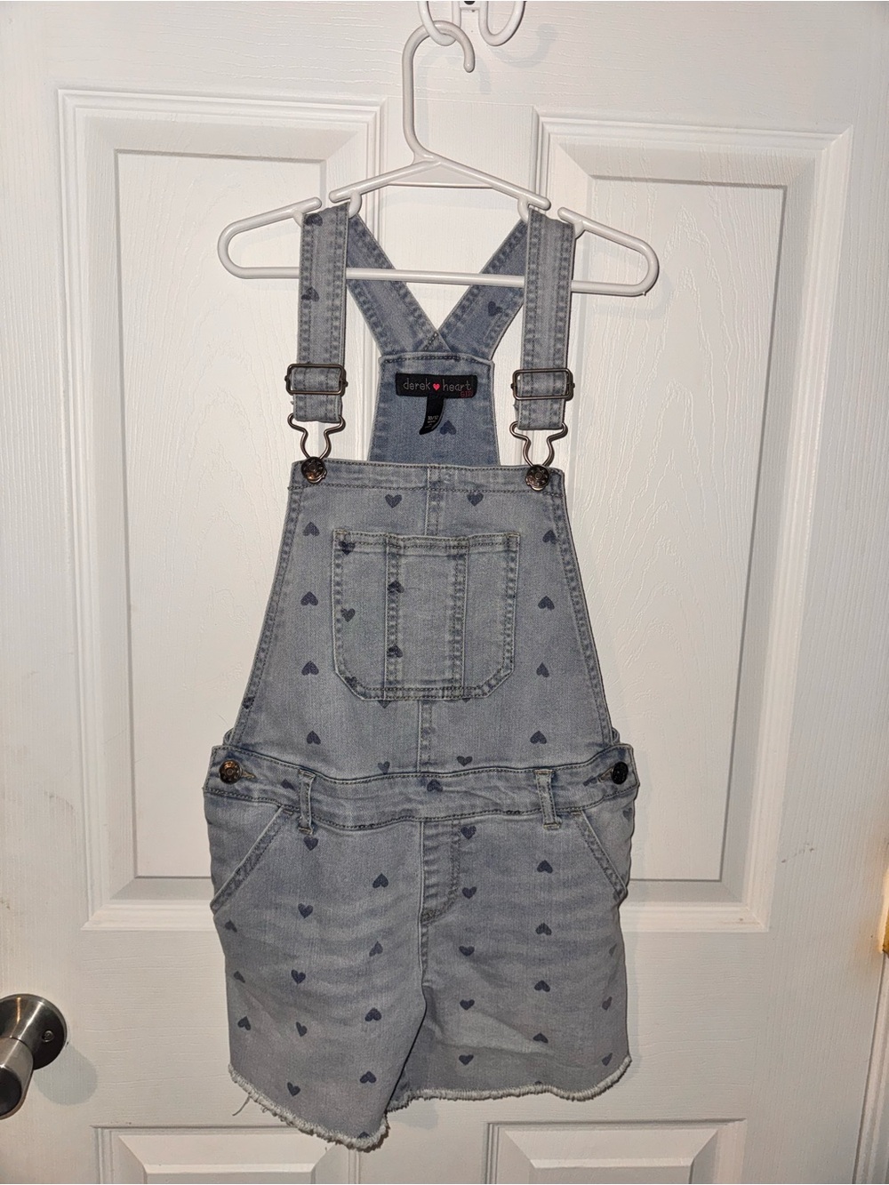 Derek Heart Light Blue Denim Heart Print Short Overalls